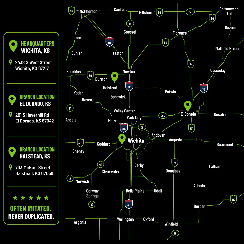Arrow Wrecker Service area map: Wichita headquarters and the El Dorado and Halstead branch locations across Central Kansas